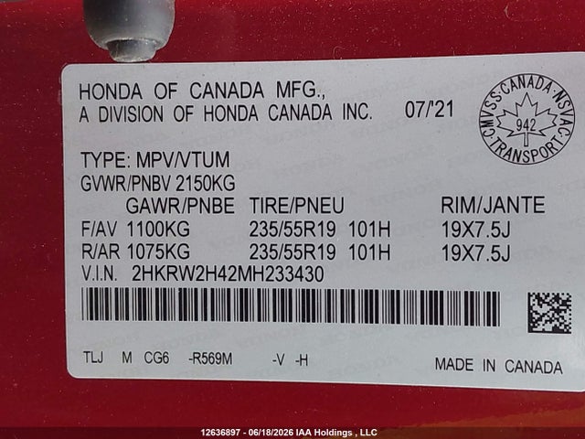2021 Honda Cr-v Sport მანქანა იყიდება აუქციონზე, vin: 2HKRW2H42MH233430, აუქციონის ნომერი: 12636897