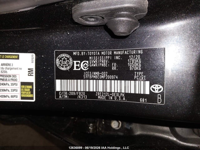 12636899 :رقم المزاد ، 5YFBPMBE0MP200974 vin ، 2021 Toyota Corolla Le مزاد بيع