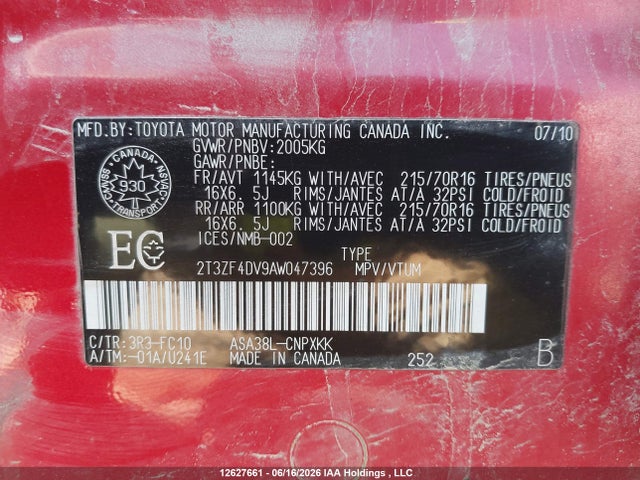 12627661 :رقم المزاد ، 2T3ZF4DV9AW047396 vin ، 2010 Toyota Rav4 مزاد بيع