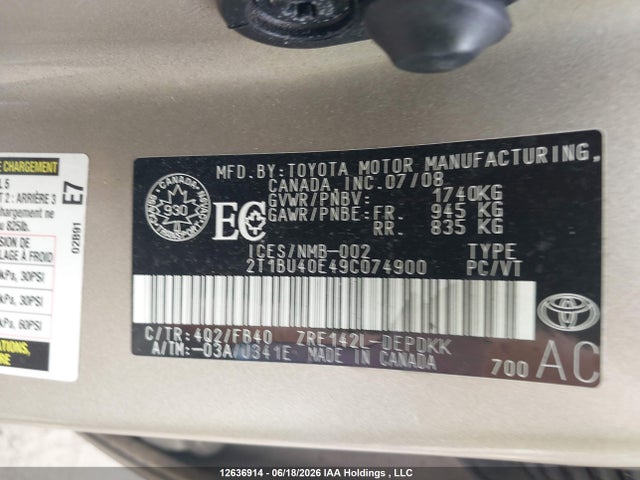 12636914 :رقم المزاد ، 2T1BU40E49C074900 vin ، 2009 Toyota Corolla S/le/xle مزاد بيع