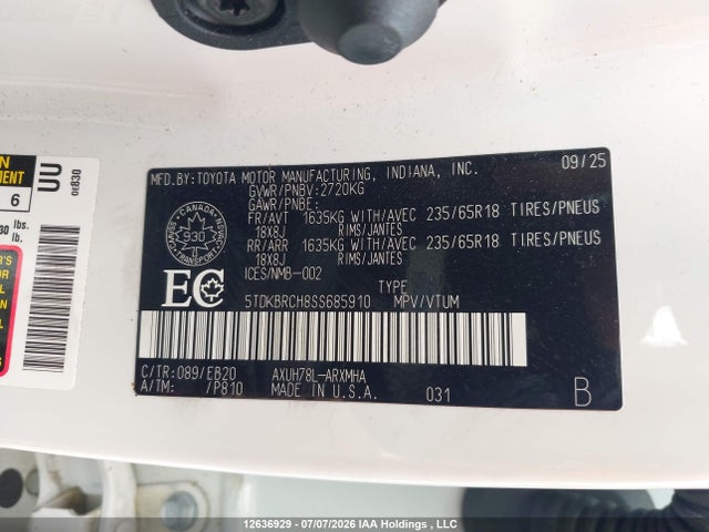 Продажа на аукционе авто 2025 Toyota Highlander, vin: 5TDKBRCH8SS685910, номер лота: 12636929
