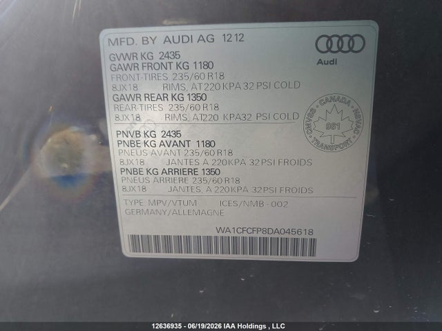 12636935 :رقم المزاد ، WA1CFCFP8DA045618 vin ، 2013 Audi Q5 2.0t مزاد بيع