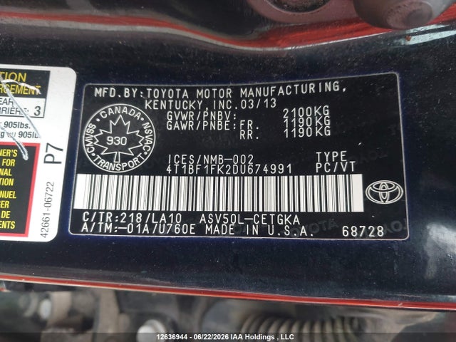 2013 Toyota Camry L/se/le/xle მანქანა იყიდება აუქციონზე, vin: 4T1BF1FK2DU674991, აუქციონის ნომერი: 12636944