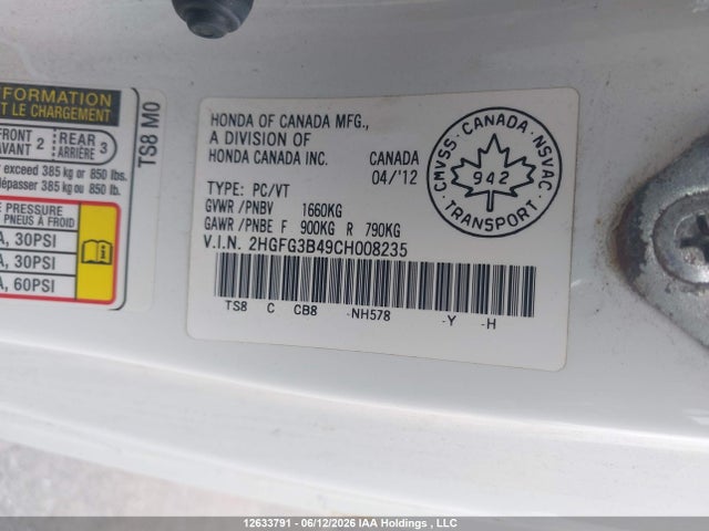 2012 Honda Civic Lx მანქანა იყიდება აუქციონზე, vin: 2HGFG3B49CH008235, აუქციონის ნომერი: 12633791