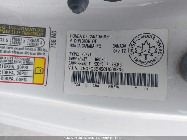 2012 Honda Civic Lx მანქანა იყიდება აუქციონზე, vin: 2HGFG3B49CH008235, აუქციონის ნომერი: 12633791