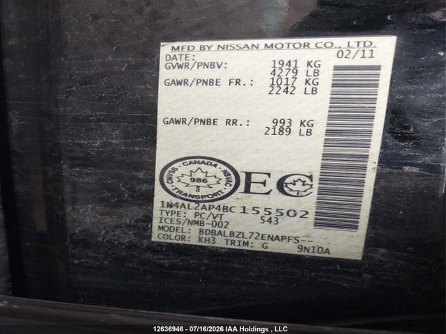 Aukcja sprzedaży 2011 Nissan Altima 2.5 S, vin: 1N4AL2AP4BC155502, numer aukcji: 12636946