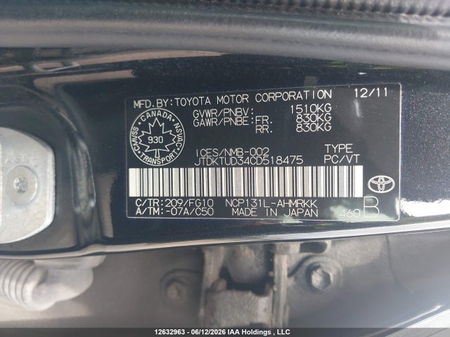 2012 Toyota Yaris Le მანქანა იყიდება აუქციონზე, vin: JTDKTUD34CD518475, აუქციონის ნომერი: 12632963