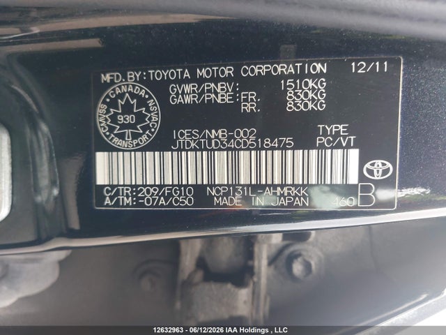 2012 Toyota Yaris Le მანქანა იყიდება აუქციონზე, vin: JTDKTUD34CD518475, აუქციონის ნომერი: 12632963