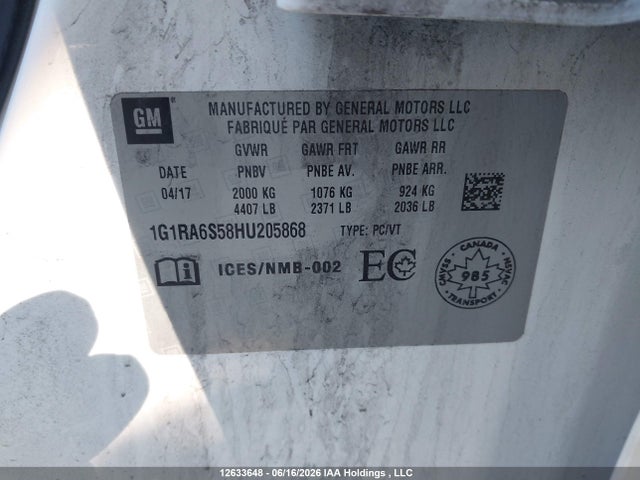 2017 Chevrolet Volt Lt მანქანა იყიდება აუქციონზე, vin: 1G1RA6S58HU205868, აუქციონის ნომერი: 12633648