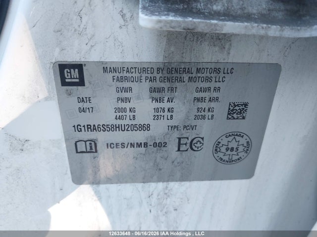 2017 Chevrolet Volt Lt მანქანა იყიდება აუქციონზე, vin: 1G1RA6S58HU205868, აუქციონის ნომერი: 12633648
