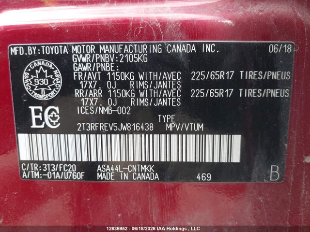 12636952 :رقم المزاد ، 2T3RFREV5JW816438 vin ، 2018 Toyota Rav4 Adventure/xle مزاد بيع
