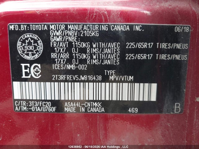 12636952 :رقم المزاد ، 2T3RFREV5JW816438 vin ، 2018 Toyota Rav4 Adventure/xle مزاد بيع