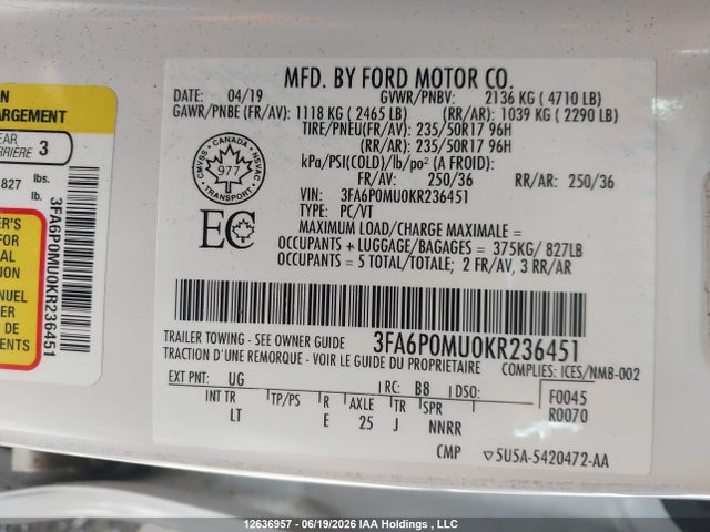 Ford FUSION SEL 2019 3FA6P0MU0KR236451 Image 9