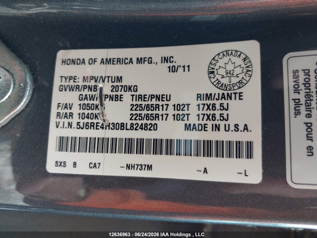 Продаж на аукціоні авто 2011 Honda Cr-v, vin: 5J6RE4H30BL824820, номер лоту: 12636963