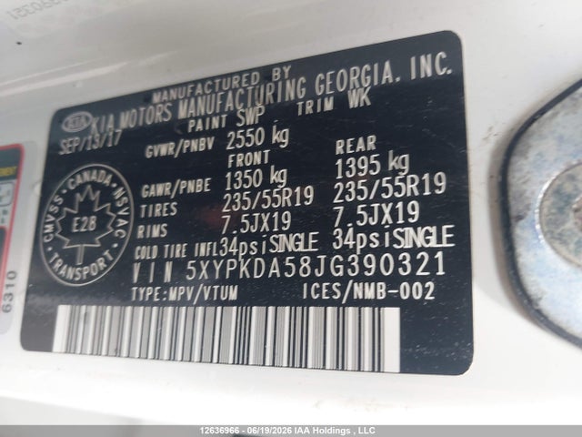 12636966 :رقم المزاد ، 5XYPKDA58JG390321 vin ، 2018 Kia Sorento 3.3l Sx/3.3l Sxl مزاد بيع
