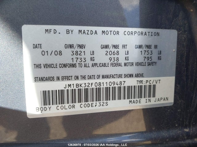 Продаж на аукціоні авто 2008 Mazda Mazda3 Gs/gx, vin: JM1BK32F081109487, номер лоту: 12636978