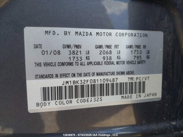 Продаж на аукціоні авто 2008 Mazda Mazda3 Gs/gx, vin: JM1BK32F081109487, номер лоту: 12636978