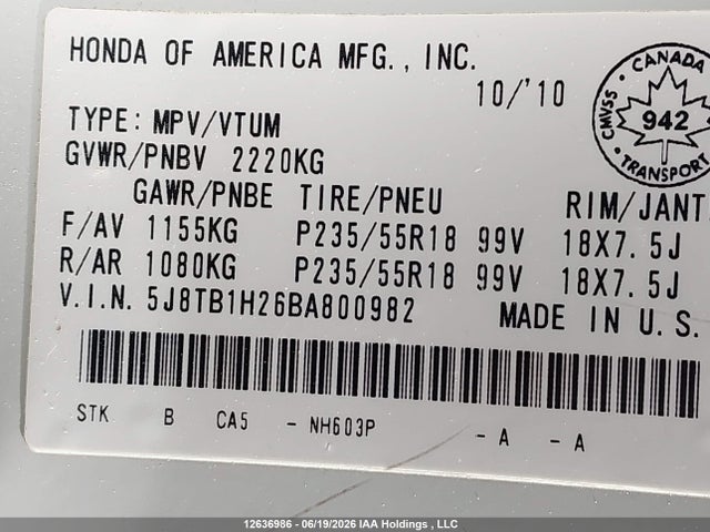 Aukcja sprzedaży 2011 Acura Rdx, vin: 5J8TB1H26BA800982, numer aukcji: 12636986