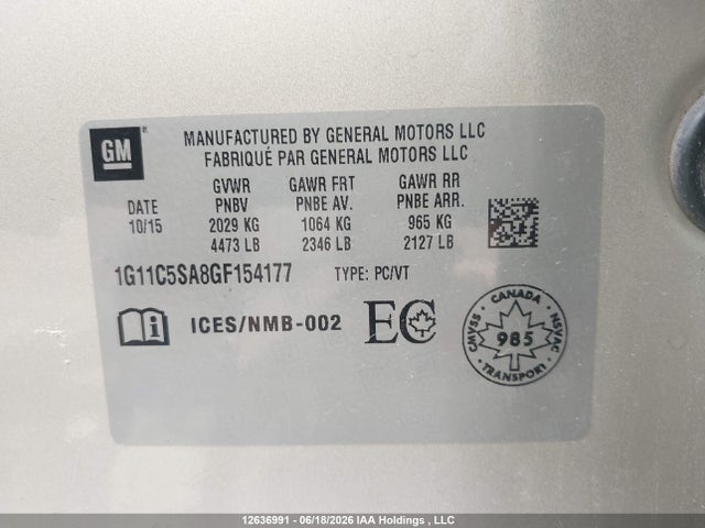 12636991 :رقم المزاد ، 1G11C5SA8GF154177 vin ، 2016 Chevrolet Malibu Limited Lt مزاد بيع