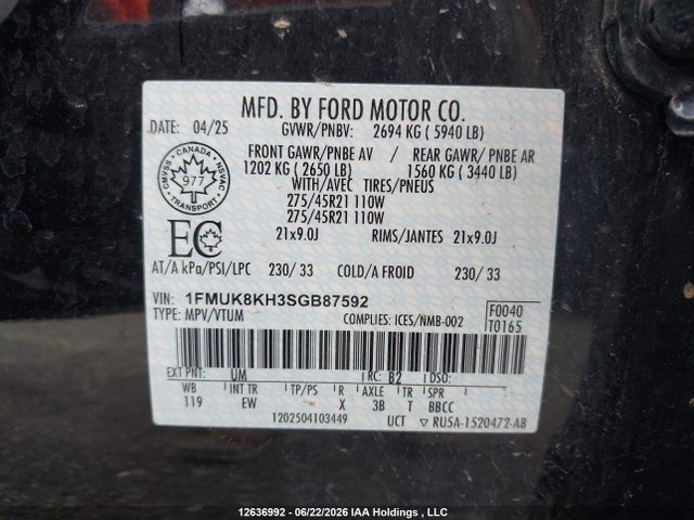 Продажа на аукционе авто 2025 Ford Explorer St-line, vin: 1FMUK8KH3SGB87592, номер лота: 12636992