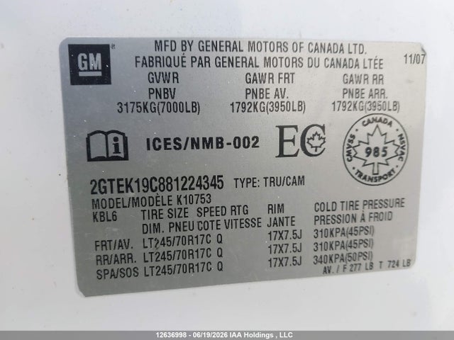 Продаж на аукціоні авто 2008 Gmc Sierra K1500, vin: 2GTEK19C881224345, номер лоту: 12636998