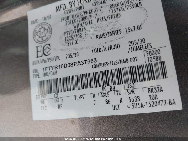 Aukcja sprzedaży 2008 Ford Ranger, vin: 1FTYR10D08PA37683, numer aukcji: 12637000