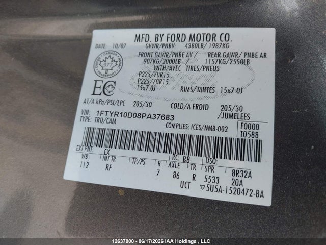 Aukcja sprzedaży 2008 Ford Ranger, vin: 1FTYR10D08PA37683, numer aukcji: 12637000