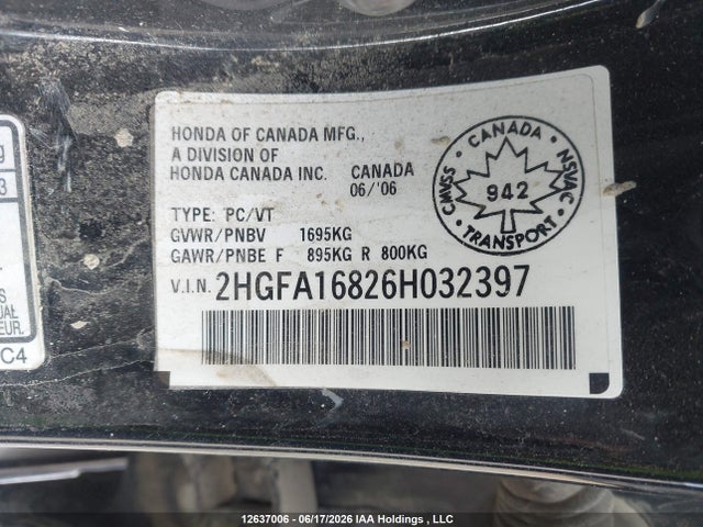 Продаж на аукціоні авто 2006 Honda Civic Ex, vin: 2HGFA16826H032397, номер лоту: 12637006