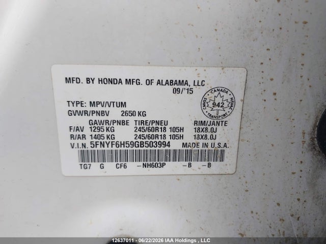 Honda PILOT EXL 2016 5FNYF6H59GB503994 Image 18