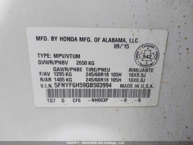 5FNYF6H59GB503994 Honda PILOT EXL