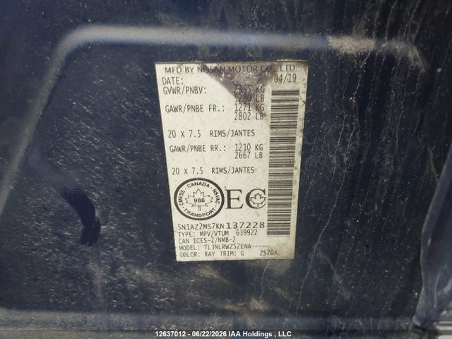 5N1AZ2MS7KN137228 Nissan Murano Platinum/sl/sv