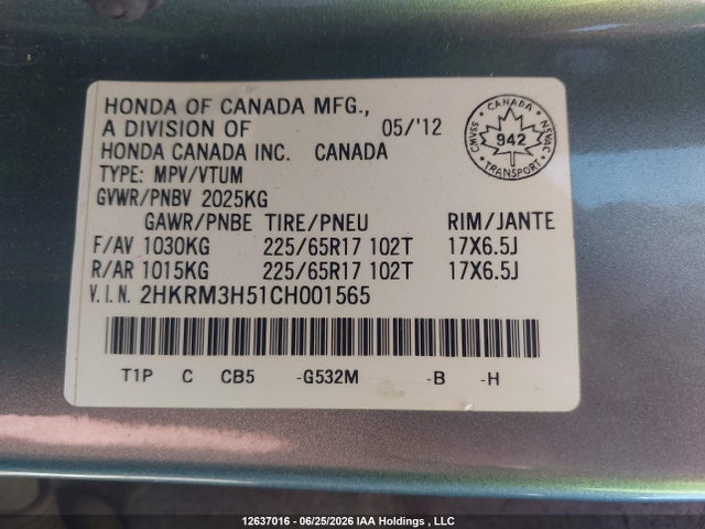 Продаж на аукціоні авто 2012 Honda Cr-v Ex, vin: 2HKRM3H51CH001565, номер лоту: 12637016