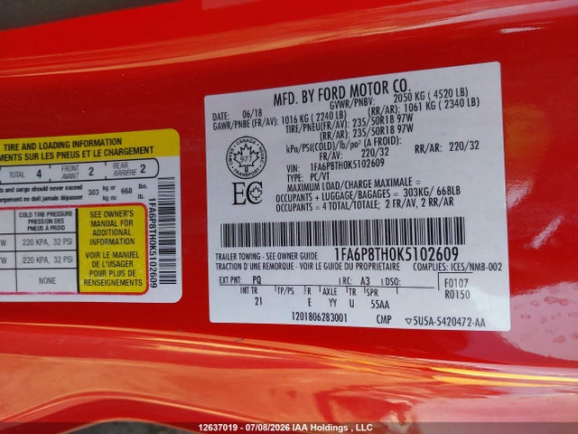 12637019 :رقم المزاد ، 1FA6P8TH0K5102609 vin ، 2019 Ford Mustang Ecoboost/ecoboost Premium مزاد بيع