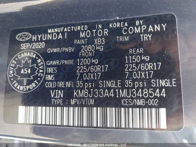 12637020 :رقم المزاد ، KM8J33A41MU348544 vin ، 2021 Hyundai Tucson Limited/sel/sport/ultimate/value مزاد بيع
