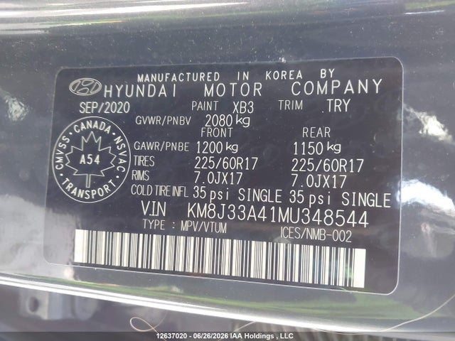 12637020 :رقم المزاد ، KM8J33A41MU348544 vin ، 2021 Hyundai Tucson Limited/sel/sport/ultimate/value مزاد بيع