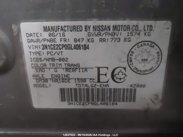 Aukcja sprzedaży 2016 Nissan Versa Note S/s Plus/sv/sl/sr, vin: 3N1CE2CP0GL406184, numer aukcji: 12637022