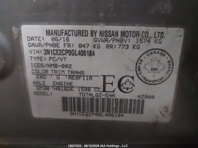 Aukcja sprzedaży 2016 Nissan Versa Note S/s Plus/sv/sl/sr, vin: 3N1CE2CP0GL406184, numer aukcji: 12637022
