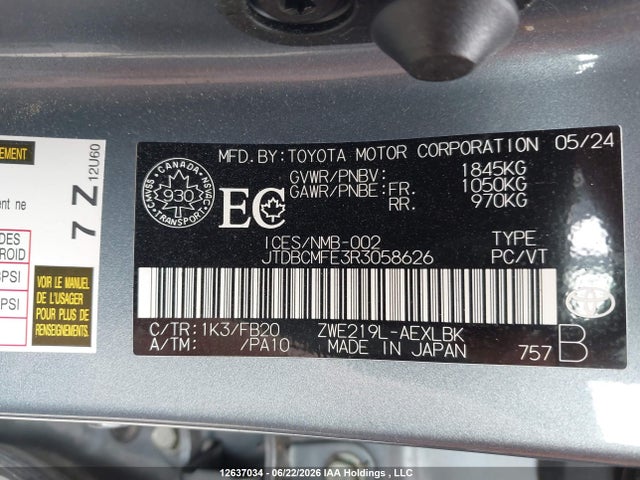 2024 Toyota Corolla Hybrid Le მანქანა იყიდება აუქციონზე, vin: JTDBCMFE3R3058626, აუქციონის ნომერი: 12637034