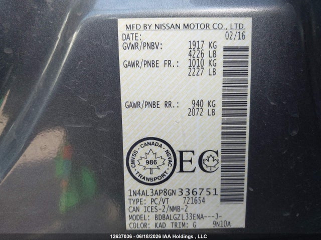 Продаж на аукціоні авто 2016 Nissan Altima 2.5/s/sv/sl/sr, vin: 1N4AL3AP8GN336751, номер лоту: 12637036