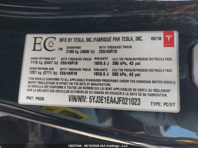 Tesla MODEL 3 2018 5YJ3E1EA4JF021023 Image 9