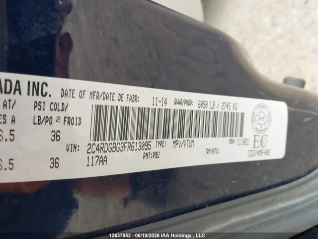 12637052 :رقم المزاد ، 2C4RDGBG3FR613095 vin ، 2015 Dodge Caravan مزاد بيع