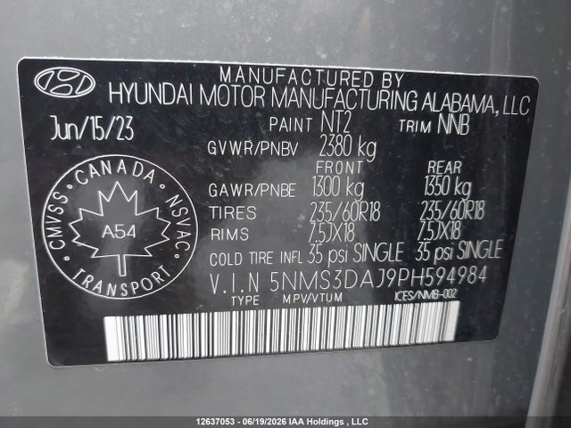 12637053 :رقم المزاد ، 5NMS3DAJ9PH594984 vin ، 2023 Hyundai Santa Fe Preferred Awd With Trend Package مزاد بيع