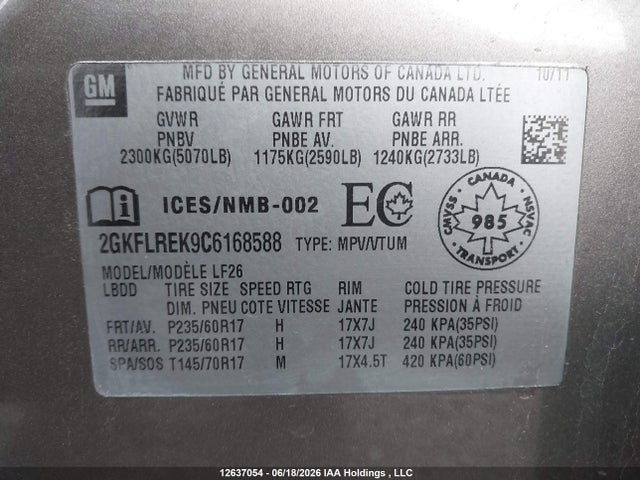 Aukcja sprzedaży 2012 Gmc Terrain Sle-1, vin: 2GKFLREK9C6168588, numer aukcji: 12637054