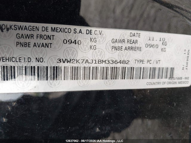 2011 Volkswagen Jetta 2.0l Trendline/2.0l Trendline+ მანქანა იყიდება აუქციონზე, vin: 3VW2K7AJ1BM336482, აუქციონის ნომერი: 12637062