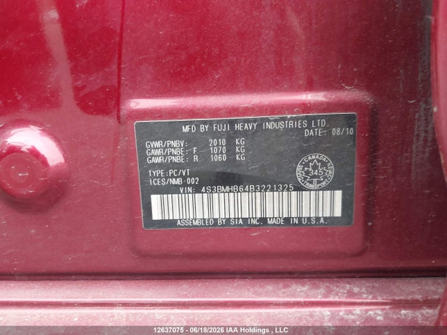 12637075 :رقم المزاد ، 4S3BMHB64B3221325 vin ، 2011 Subaru Legacy 2.5i Premium مزاد بيع