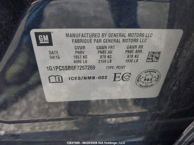 Продаж на аукціоні авто 2015 Chevrolet Cruze 1lt, vin: 1G1PC5SB8F7257269, номер лоту: 12637080