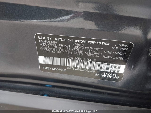 2025 Mitsubishi Outlander Se მანქანა იყიდება აუქციონზე, vin: JA4T5VA96SZ603780, აუქციონის ნომერი: 12637092