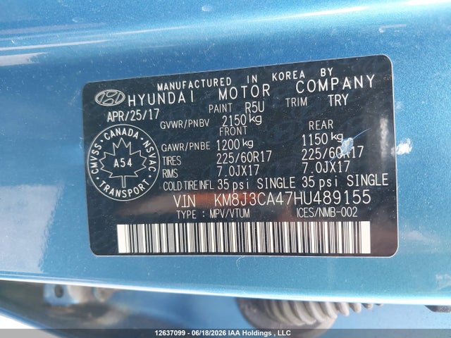 2017 Hyundai Tucson Limited/sport And Eco/se მანქანა იყიდება აუქციონზე, vin: KM8J3CA47HU489155, აუქციონის ნომერი: 12637099
