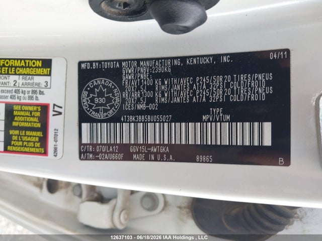 Продаж на аукціоні авто 2011 Toyota Venza Base V6, vin: 4T3BK3BB5BU055027, номер лоту: 12637103