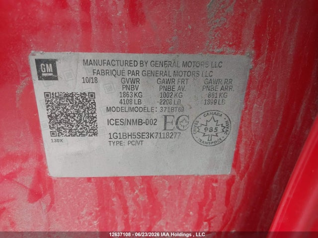 12637108 :رقم المزاد ، 1G1BH5SE3K7118277 vin ، 2019 Chevrolet Cruze مزاد بيع